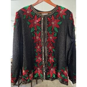 Laurence Kazar Vintage Silk Beaded & Sequin Xmas Jacket Pointsettia Design XL